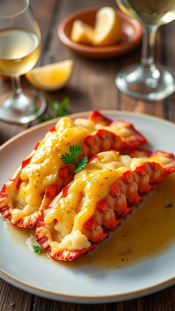 Baked lobster tails with garlic butter sauce, garnished with parsley, served with lemon wedges on a rustic table.